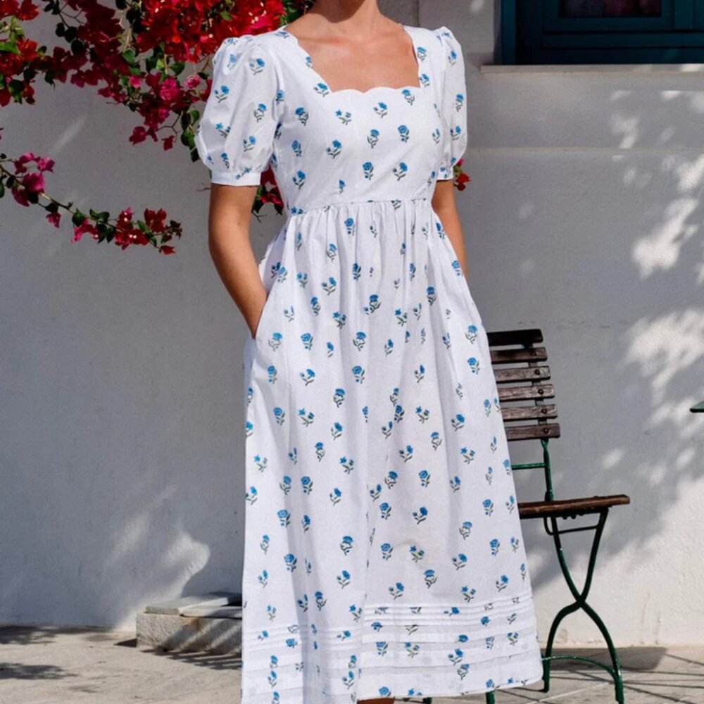 NWT Pink City Prints Genevieve Dress, Cobalt Mini Blossom, Size Small